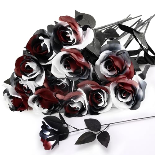 SWSTINLING Künstliche Rosen in Schwarz / Weiß / Weinrot – 38,9 cm große, dreifarbige Halloween-Seidenblumen mit biegbaren Stielen für Gothic-Hochzeit, gruselige Halloween-Party, Tafelaufsatz SWSTINLING Künstliche Rosen in Schwarz / Weiß / Weinrot – 38,9 cm große, dreifarbige Halloween-Seidenblumen mit biegbaren Stielen für Gothic-Hochzeit, gruselige Halloween-Party, Tafelaufsatz von SWSTINLING