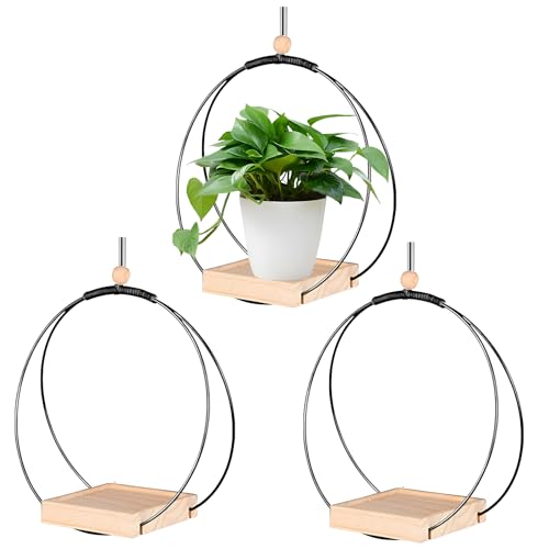 3er Set Metall Hängende Pflanzgefäßhalter Decke Blumentopf Regal Pflanzenhänger mit Holzsockel Mehrzweck Hängende Schwebende Pflanzgefäß Regal für Fenster, Balkon, Heim/Büro Dekor (Schwarz) von SWTHM