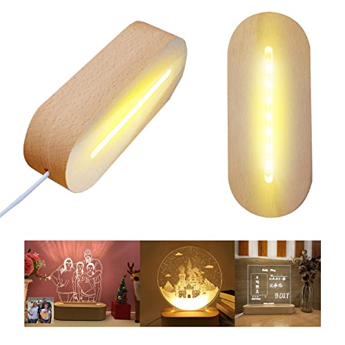 SWTHM Ovaler hölzerner LED-Leuchtenständer, 14,5 cm, beleuchteter Holzsockel, warmes/kaltes Licht, per USB wiederaufladbar für Acrylplatte, Kristallglasplatte, Kristallornamente (2 warme Farben) von SWTHM