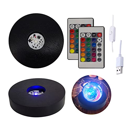 SWTHM Runder Lichtsockel für Kristall, 10 cm schwarze LED-Holzbasis für Display mit Fernbedienung, 16 Farben, runder Display-Sockel für klares Glas, Harz, Kristall, Acryl, Ornamente, Dekorationen (2 von SWTHM