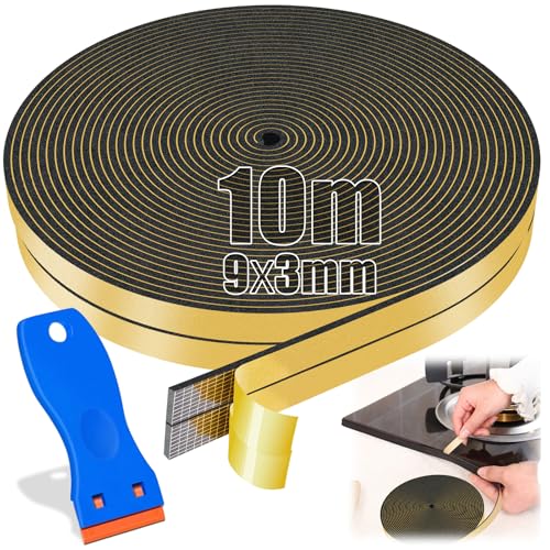 SWTYExt 10m Dichtband Spüle 9mm x 3mm Ceranfeld Dichtungsband mit Kleinem Schaber Dichtungsband für Kochfeld Dichtband Selbstklebend Moosgummi Selbstklebend 3mm für Herdplatte Induktionskochfeldes von SWTYExt