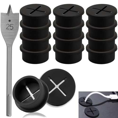 SWTYExt 12 Stück Kabeldurchlass 25mm Kabeldurchführung Schreibtisch Schwarz Tisch Kabeldurchführung Flexible Silikon Kabeldurchlass Schreibtisch mit 1 Bohrer für Schreibtisch Schule Büro Zuhause von SWTYExt