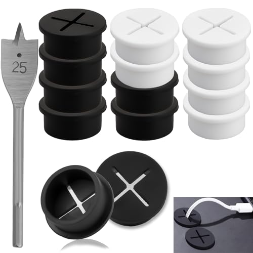 SWTYExt 12 Stück Kabeldurchlass 25mm Kabeldurchführung Schreibtisch Schwarz & Weiß Kabeldurchlass Schreibtisch Flexible Silikon Tisch Kabeldurchführung mit 1 Bohrer für Büro Schule Computer Zuhause von SWTYExt