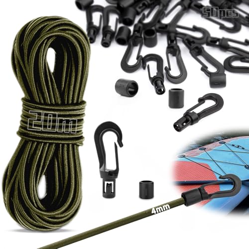 SWTYExt 20m Gummischnur 4mm Gummiseil mit 50 Stück Kunststoffhaken Grün Expanderseil Gummikordel Gummibänder mit Haken für Anhängerplane Camping Planen Poolabdeckung Wäscheleinen Fahrrad Transport von SWTYExt