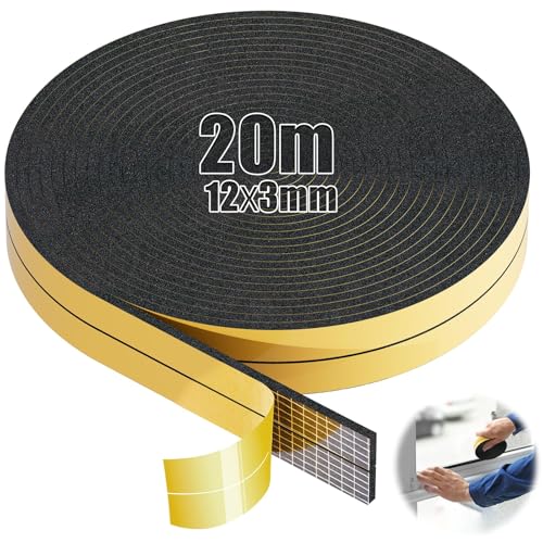 SWTYExt 20m Moosgummi Selbstklebend 12mm(B) x3mm(D) Dichtband Selbstklebend Schaumstoffstreifen Dichtung Selbstklebend Schaumstoffband Schwarz Moosgummi Dichtung für Fenster Tür Kochfelder von SWTYExt