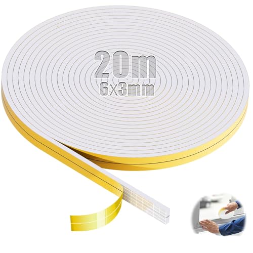 SWTYExt 20m Moosgummi Selbstklebend 6mm(B) x3mm(D) Dichtband Selbstklebend Weiß Vorlegeband Schaumstoffband Türdichtung Dichtungsband für Fensterfugen Schranktürkanten Tür Kochfelder von SWTYExt