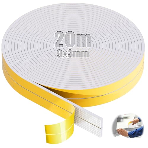 SWTYExt 20m Moosgummi Selbstklebend 9mm(B) x3mm(D) Dichtband Selbstklebend Weiß Vorlegeband Schaumstoffband Türdichtung Dichtungsband für Fensterfugen Schranktürkanten Tür Kochfelder von SWTYExt