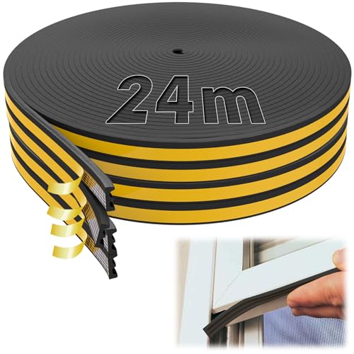 SWTYExt 24m Fensterdichtung E-Profil Fensterabdichtung Schalldämmung Türabdichtung Anti-Kollision Dichtband Selbstklebend Dichtband Fenster Schwarz Gummidichtung für Türen Holzfenster Lücken Rissen von SWTYExt