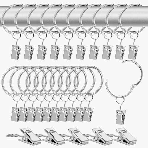 SWTYExt 20 Stück 32mm Vorhangringe mit Clips & 5 Stück Gardinen Klammern Metall Gardinenringe Stainless Hanging Gardinenringe mit Haken für Vorhangstange Vorhang Fenster Duschvorhang Wäscheleine von SWTYExt