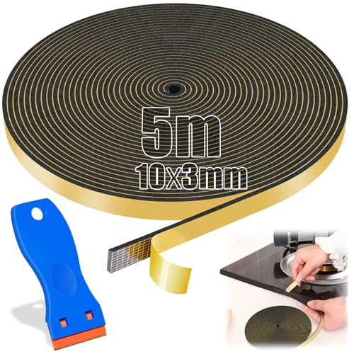 SWTYExt 5m Dichtband Spüle 10mm x 3mm Ceranfeld Dichtungsband mit Kleinem Schaber Dichtungsband für Kochfeld Dichtband Selbstklebend Moosgummi Selbstklebend 3mm für Herdplatte Induktionskochfeldes von SWTYExt