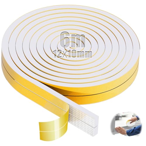 SWTYExt 6m Moosgummi Selbstklebend 12mm(B) x10mm(D) Dichtband Selbstklebend Weiß Vorlegeband Schaumstoffband Türdichtung Dichtungsband für Fensterfugen Schranktürkanten Tür Kochfelder von SWTYExt