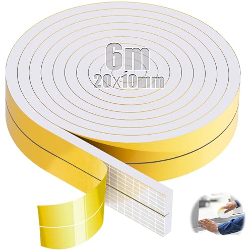 SWTYExt 6m Moosgummi Selbstklebend 20mm(B) x10mm(D) Dichtband Selbstklebend Weiß Vorlegeband Schaumstoffband Türdichtung Dichtungsband für Fensterfugen Schranktürkanten Tür Kochfelder von SWTYExt