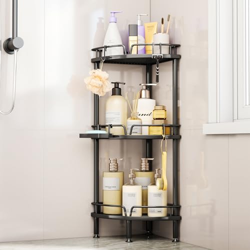 SWTYMIKI Duschablage Ecke Stehend 3 Stück - Duschregal Stehend Rostfrei mit Seifenablage & 4 Haken, Eckregal Badewanne, Eckregal Schwarz Metall für Shampoo und Duschgel von SWTYMIKI