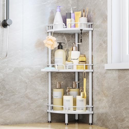 SWTYMIKI Duschablage ohne Bohren Ecke - 3 Stück Duschregal Stehend mit Seifenablage & 4 Haken, Duschablage Freistehend Badezimmer Organizer/Duschregal Ohne Bohren für Shampoo und Duschgel, Weiß von SWTYMIKI
