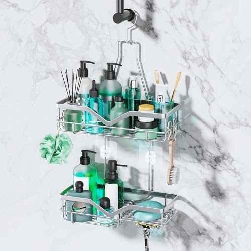 SWTYMIKI Duschablage zum Hängen - Duschablage Hängend mit Seifenhalter & Haken, Duschablage Ohne Bohren, Dusche Ablage Hängen für Badekugeln, Handtuch, Badebürste, 3 Schraubenkleber, Silber von SWTYMIKI