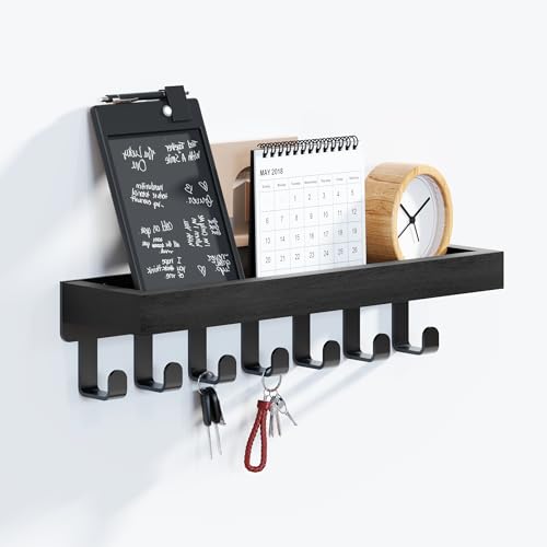 SWTYMIKI Key Rack with Wooden Tray and 7 Hooks - Multifunctional Key Holder/Key Board with Shelf for Hallway, Bedroom & Kitchen, Hanging Kitchen Cutlery (31 x 8 cm), Schwarz von SWTYMIKI