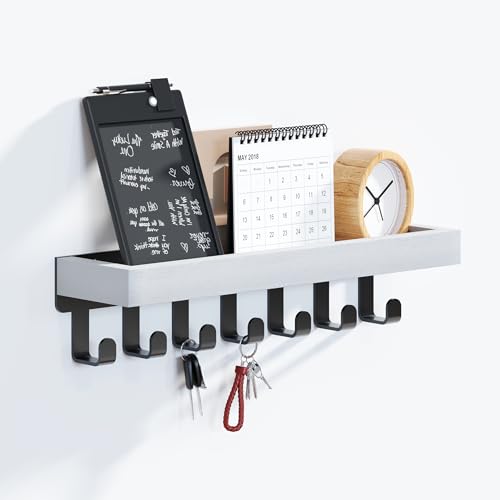SWTYMIKI Key Rack with Wooden Tray and 7 Hooks - Multifunctional Key Holder/Key Board with Shelf for Hallway, Bedroom & Kitchen, Hanging Kitchen Cutlery (31 x 8 cm), Weiß von SWTYMIKI