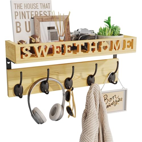 SWTYMIKI Wandgarderobe mit Ablage, Sweet Home Dekoration Kleiderhaken Wand mit 5 Metallhaken, Garderobenleiste für hängende Hüte, Kleidung im Eingang, Wohnzimmer, Schlafzimmer, Natur von SWTYMIKI