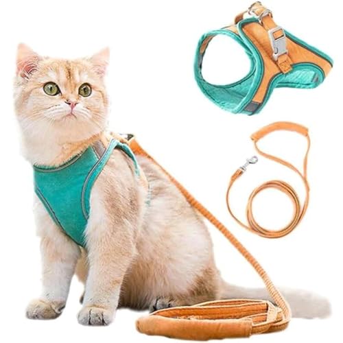 Wahre Katzenliebe™ - atmungsaktives Katzengeschirr + Leine (M-2-4KG,Orange/Grün) von SWZEC