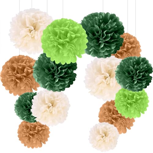 Pompons Deko, 20 Stück Seidenpapier Pompoms Deko Hochzeitsdeko Vintage Lampions für Geburtstag taufe deko Party Valentinstag (Weihnachtsgrün Grün Khaki Beige Goldener Wellenpunkt) von SXCCNW