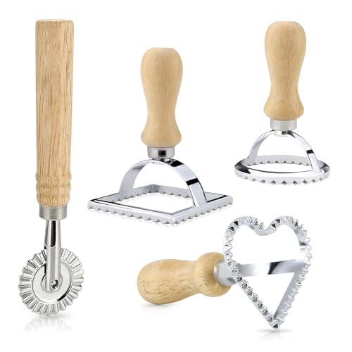 SXCCNW Ravioli Ausstecher Former, 4 Stück Ravioli Ausstecher Set, Ravioli Roller mit Holzgriff, Edelstahl Ravioli Ausstecher Set für Ravioli Pasta Knödel Werkzeug Keks, YHDM-244 von SXCCNW