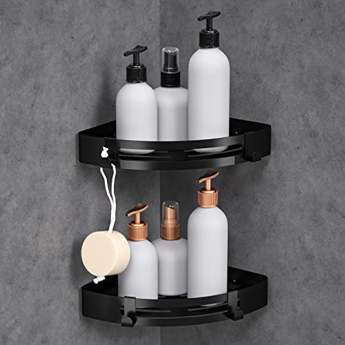 Badezimmerregale mit schwarzem Dreieckschleim Kein Bohren Schwarzer Duschkorb Duschkorb Aufbewahrungskorb Shampoo Aufbewahrungskorb (2er Aluminiumpack) von SXCDD