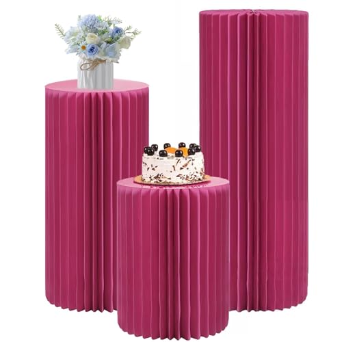 SXEVZOO 3 Stück Party Faltbar Säulenständer, Feier Sockel Ständer Zylinder-Tische Mit Acrylscheibe, Höhe 58/78/98cm Papier Säule Hochzeit Geburtstag Tafelaufsätze(Rose red,Diameter 28cm) von SXEVZOO