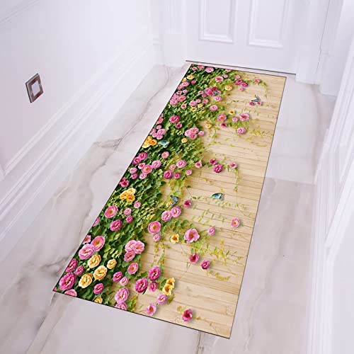 SXHM Teppich Läufer Flur, 60x100cm, Moderner Designer Fresh Green Leaf Pink Floral 3D Holzmaserung Rutschfester Teppich, Wohnzimmer Korridor Schlafzimmer KüChe Boden Treppe Eingang Gang von SXHM