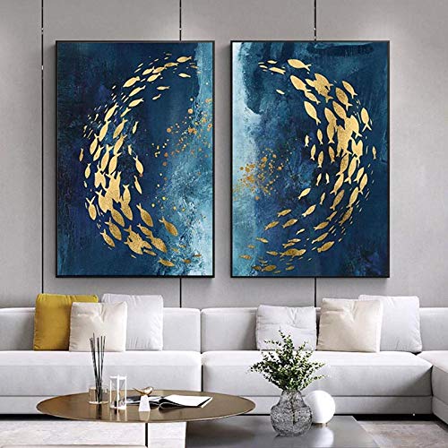Abstrakte Gold Fisch Chinesischen Stil Leinwand Malerei Große Blaue Poster Drucken Luxuriöse Wandkunst Für Wohnzimmer Gang Bild 70x100cmx2 Rahmenlos von SXKJ