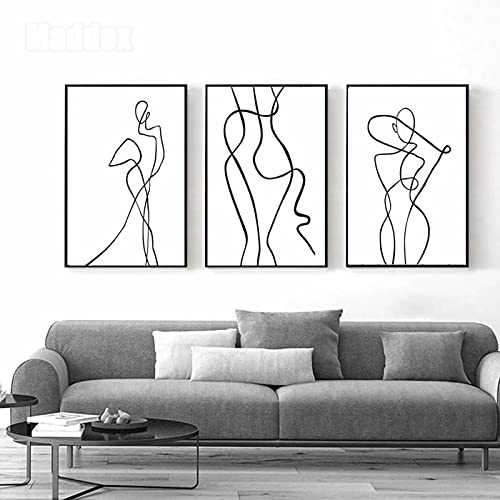 Abstrakte Malerei Schwarz und Weiß Minimalistischer Stil Linien Kunst Umriss Charakter Körperkunst Sinn Malerei Schlafzimmer Poster 60x80cmx3 Rahmenlos von SXKJ
