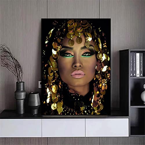 Afrikanische Kunst Schwarz Gold Frau Leinwand Malerei Hübsches Gesicht Poster und Druck Wandbilder Für Wohnzimmer Dekoration 80x120cm Rahmenlos von SXKJ