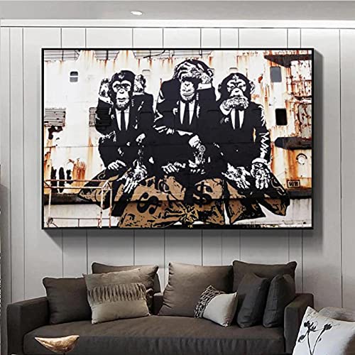 Banksy 3 Wise Monkeys Leinwand Gemälde Graffiti Kunst Tier Poster und Drucke Gorilla Wandbild für Wohnzimmer Wohnkultur 60x90cm Rahmenlos von SXKJ