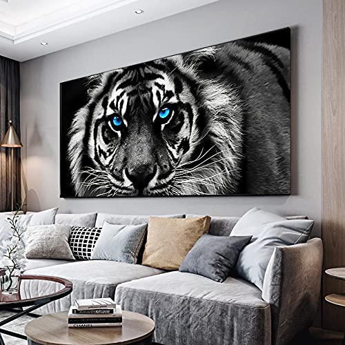 Blaue Augen Tiger Wandkunst Leinwand Gemälde Schwarz Weiß Tiger Leinwand Poster und Drucke Tiere Kunst für Wohnzimmer Wohnkultur 40x80cm Rahmenlos von SXKJ