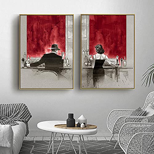 Bunte Malerei Frau und Mann genießen das Trinken an der Bar Leinwand Wandkunst Bilder Modern Style Wall Poster Für Schlafzimmer 50x70cmx2 Frameless von SXKJ