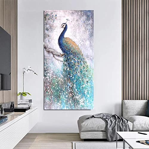 Europäische Kunst Leinwand Gemälde und Poster Glücksvogel Blau Pfau Tier für Zuhause Wohnzimmer Kunst Bild Dekoration 60x120cm Rahmenlos von SXKJ