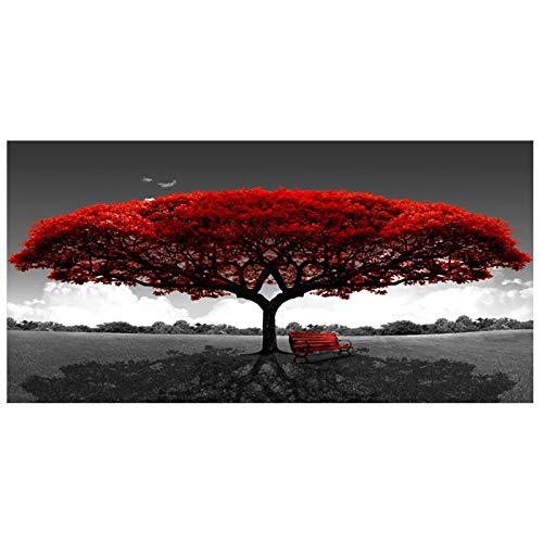 Moderne Kunst Rote Baum Bank Landschaft Leinwand Malerei Schwarz-Weiß-Poster und Drucke Wandkunst Bilder für Wohnkultur 70x140cm rahmenlos von SXKJ