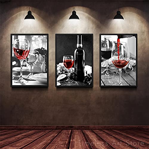 Moderne Kunst Rotwein und Flasche Küche Poster Schwarz Weiß Trinken Essen Leinwand Wandkunst Malerei Bilder Esszimmer Wandbild 50x70cmx3 Rahmenlos von SXKJ