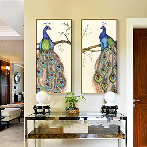 SXKJ Pfau Stehend Auf AST Leinwand Malerei Korridor Wandkunst Home Veranda Decor Flur Poster Drucke Bild für Wohnzimmer 50x100cmx2 Rahmenlos von SXKJ