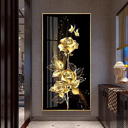 Schwarz Goldene Rose Blume Schmetterling Abstrakte Kunst Poster Nordic Pflanze Leinwand Malerei Moderne Wandbilder Wohnzimmer Dekor 80x160 cm Rahmenlos von SXKJ