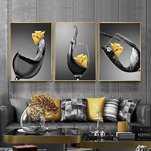 Schwarzes Weinglas mit goldenem kleinem Boot, Leinwanddruck, Gemälde, Esszimmer und Küche, moderne Wohnkultur, Wandkunst, Bilder, 20 x 30 cm x 3, rahmenlos von SXKJ