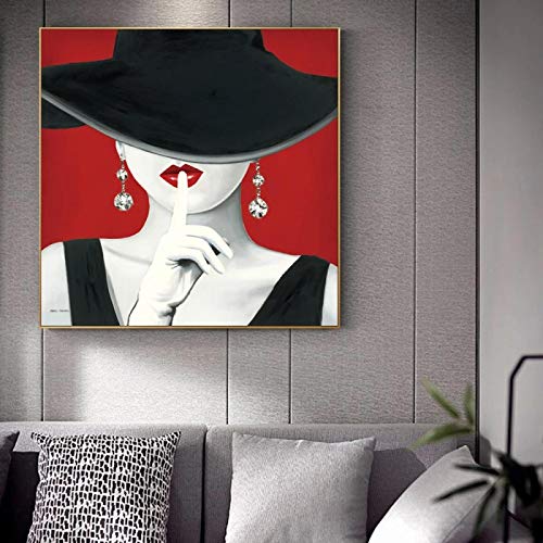 Sexy Mädchen mit schwarzem Hut auf Leinwand, Gemälde an der Wand, rote Lippen, Pop-Art-Leinwandbilder, moderne Leinwandbilder, Wanddekoration, 70 x 70 cm, rahmenlos von SXKJ