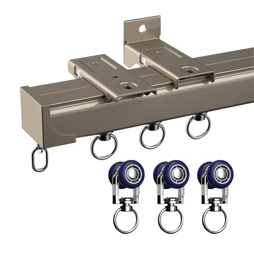 Schwerlast Gardinenstange Aus Aluminium, Vorhangschiene mit Stummen Rollen, Decken-oder Wandmontage-Vorhangschienensyst, zur Unterstützung Schwerer Vorhänge, Wohnmobil-Raumteiler(Champagne (color),3.8 von SXKJQER