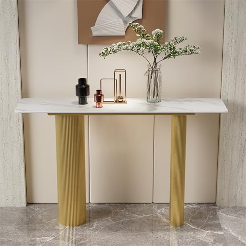 Moderner Konsolentisch Schmal mit Sintersteinplatte und Metallgestell, Flur Regal, Sideboard Flur für Wohnzimmer, Eingangsbereich(Gold,120x30x80cm/47x12x31in) von SXKLYRF