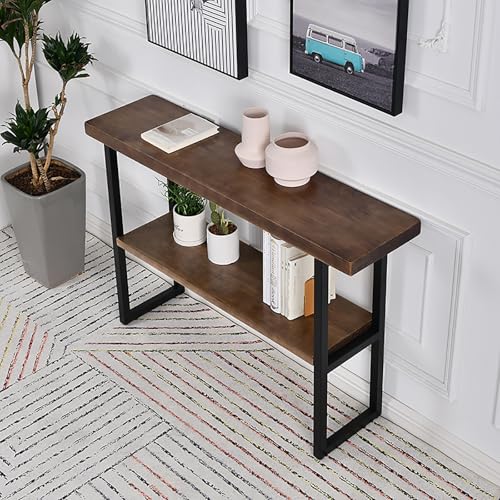 SXKLYRF 2-Stufiger Konsolentisch Holz im Industrie-Look mit Metallrahmen, Schmales Sideboard, Flur Regal mit Stauraum für Flur, Foyer oder Hinter der Couch(Brown,120x30x85cm/47x12x33in) von SXKLYRF