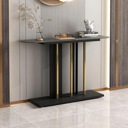 SXKLYRF Moderner, Luxuriöser Konsolentisch mit Sinterstein und Metallrahmen für Die Eingangsdekoration, Kratz- und Schmutzabweisend, Beistelltisch Schmal, Flurtisch(Black,140x30x80cm/55x12x31in) von SXKLYRF