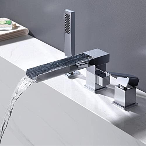 SXLSZ 3 Loch Badewannenarmatur Wannenrandarmatur mit Ausziehbarem Handbrause Wasserfall Dusche Einhand Mischer Wasserhahn Badewanne Wasserhahn badewanne Armatur für Badewanne-Chrom von SXLSZ