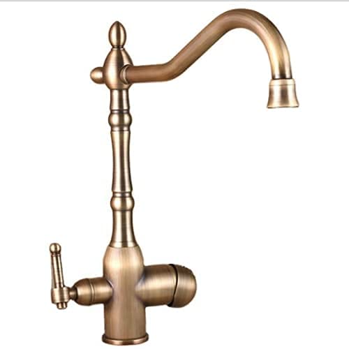 SXLSZ 3 Wege Trinkwasserhahn Küchenarmatur, Nostalgie Antik Messing Küche Wasserhahn Für Wasserfilter, 360° Drehbar Spültischarmatur 2 Hebel 3 in 1 Mischbatterie Spüle Armatur,Antike Bronze von SXLSZ