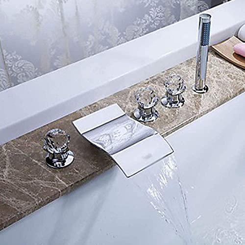 SXLSZ Verchromt Badewannenarmatur,WannenrandarmaturMessing Bad Mischbatterie Wannenrandarmatur 5-Loch-Badewanne Wasserhahn Kristall Griff mit Handbrause,Silber von SXLSZ