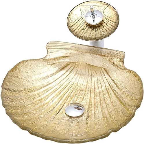 SXLSZ Waschbecken aus Gehärtetem Glas Aufsatzwaschbecken Goldene Muschelform Aufsatz-Waschschale 12 mm Dick Handwaschbecken Aufsatzbecken mit Wasserfall-Wasserhahn und Pop-Up-Drain Combo SXLSZ Waschbecken aus Gehärtetem Glas Aufsatzwaschbecken Goldene Muschelform Aufsatz-Waschschale 12 mm Dick Handwaschbecken Aufsatzbecken mit Wasserfall-Wasserhahn und Pop-Up-Drain Combo von SXLSZ