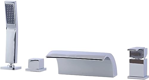 SXLSZ Wasserfall Badewannenarmatur 4 Loch Wannenrandarmatur Wannenarmatur Heißes und Kaltes Wasser Badewanne Wasserhahn Messing Chrom Einhebel Wannenmischer mit Handbrause und Brauseschlauch,B von SXLSZ